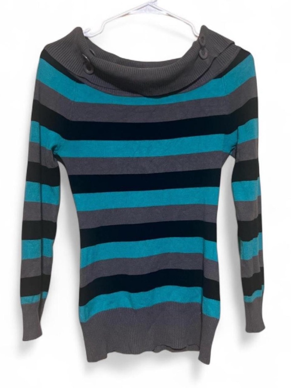 Say What? 90’s y2k women’s Blue and grey striped cowl neck sweater size small